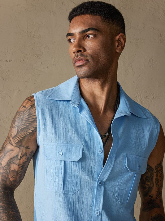 Cotton Linen Sleeveless Button Shirt with Pockets