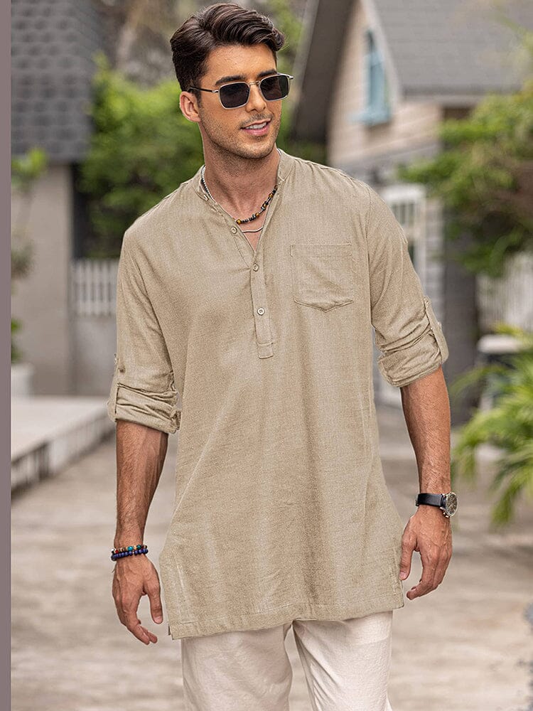 Linen Henley Long Sleeve Shirts with Pocket (US Only)