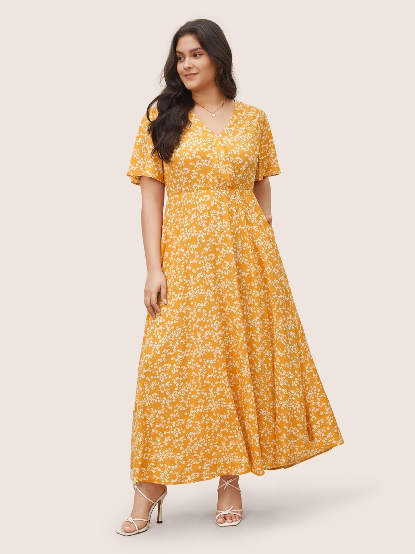 Bloom Dress - Flutter Sleeve Ditsy Floral Bag Split Maxi Dress