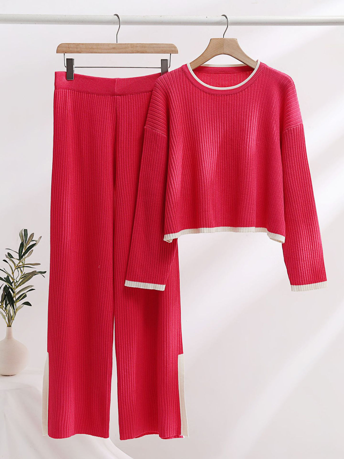 Contrast Knit Sweater & Elastic Waist Slit Pant 2 Piece Lounge Set