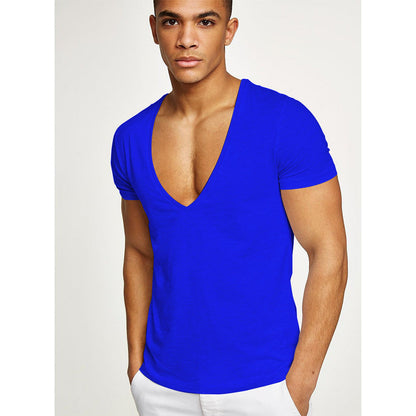 Men's Basic White Deep V-Neck Cotton Short Sleeve T-Shirt