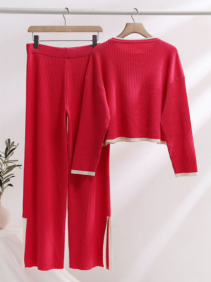 Contrast Knit Sweater & Elastic Waist Slit Pant 2 Piece Lounge Set