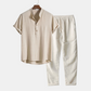 Linen Blend Shirt with Henley Collar and Linen Pants