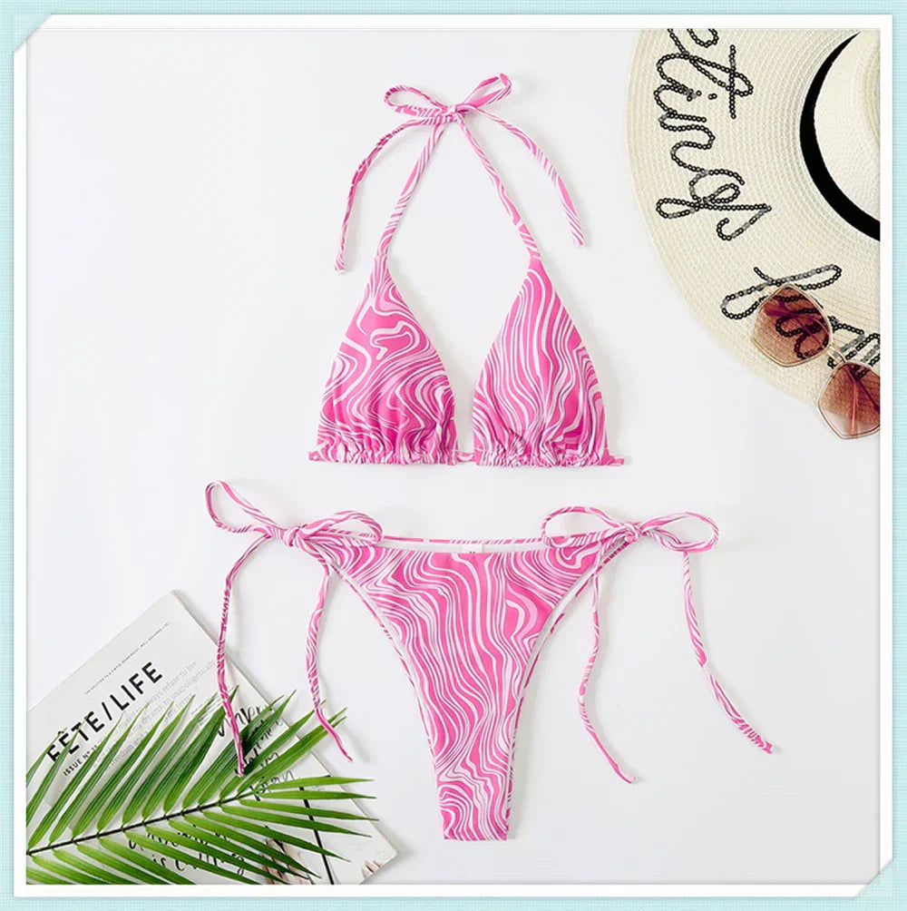 Colorful Print Triangle Lace Up Bikini Set