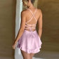 Women's Satin Short Romper Dress with Backless Design and Spaghetti Straps