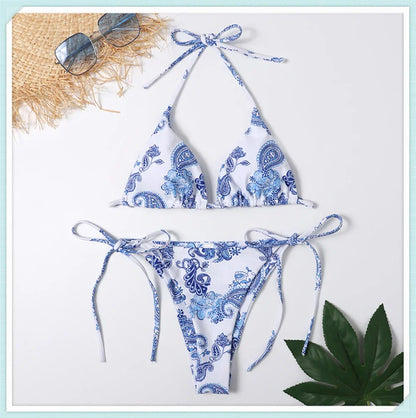 Colorful Print Triangle Lace Up Bikini Set