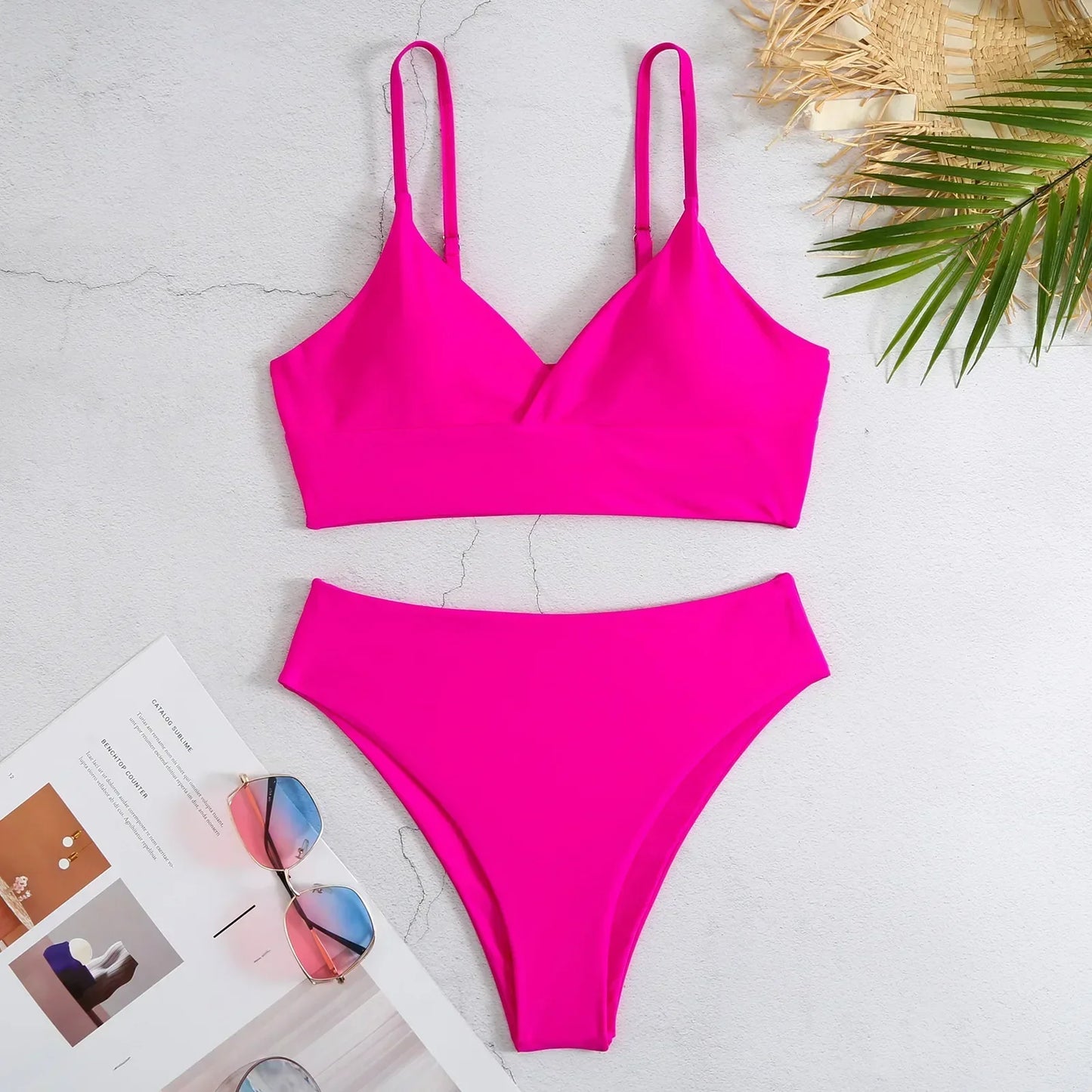 High Waist Solid Color 2 Piece Swimsuit