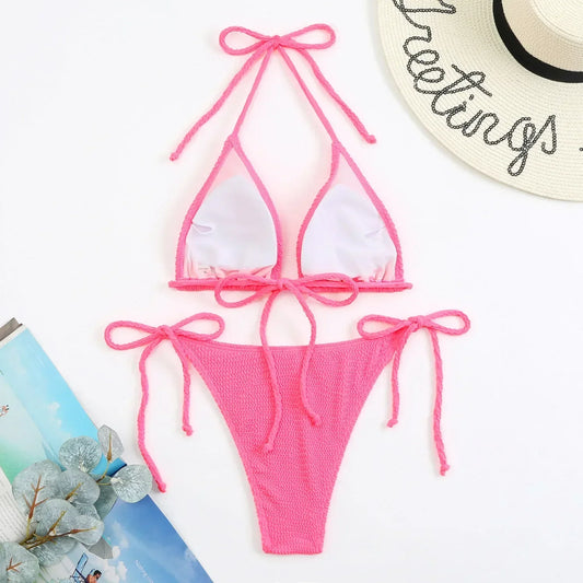 Colorful Triangle Lace Up Bikini Set