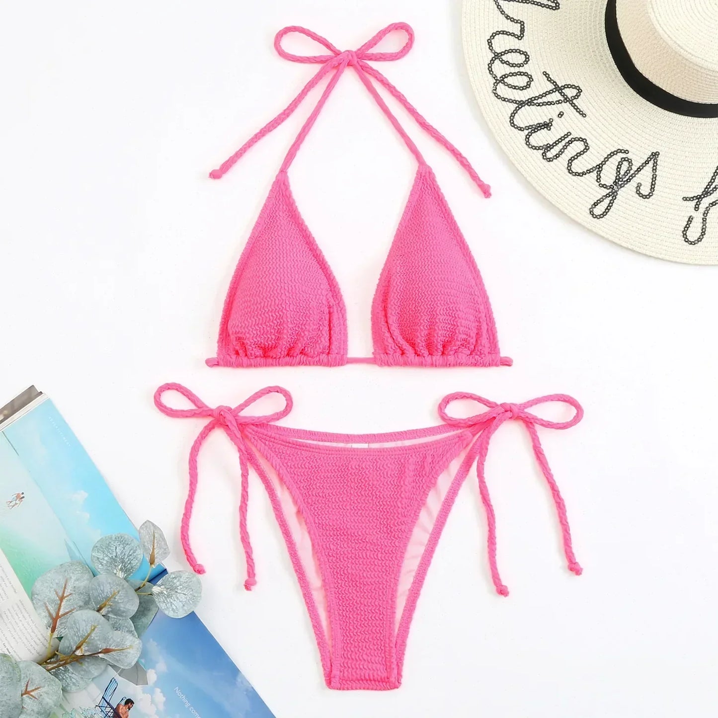 Colorful Triangle Lace Up Bikini Set