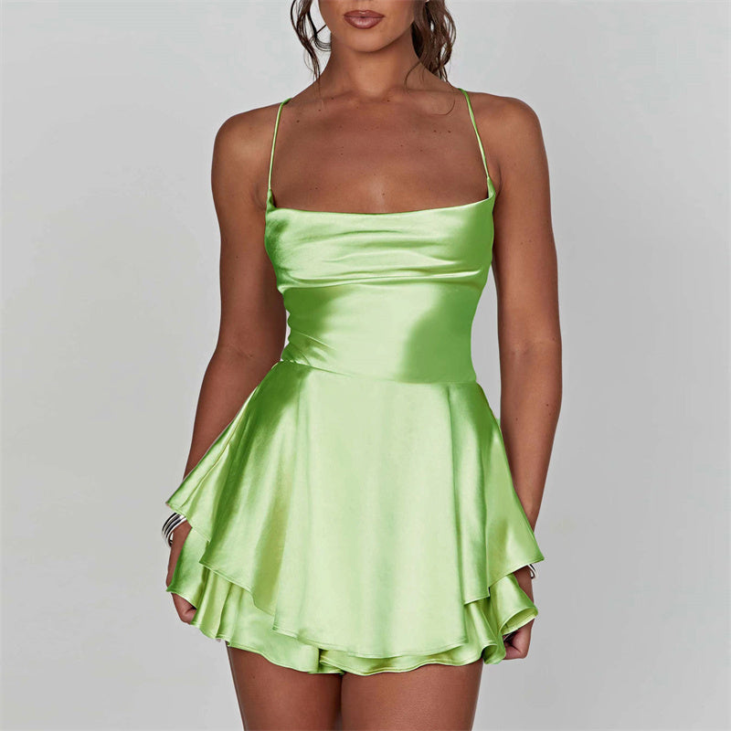 Women's Satin Short Romper Dress with Backless Design and Spaghetti Straps