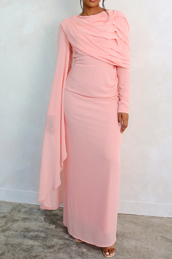 Elegant Drape Sleeve Ruched Maxi Dress