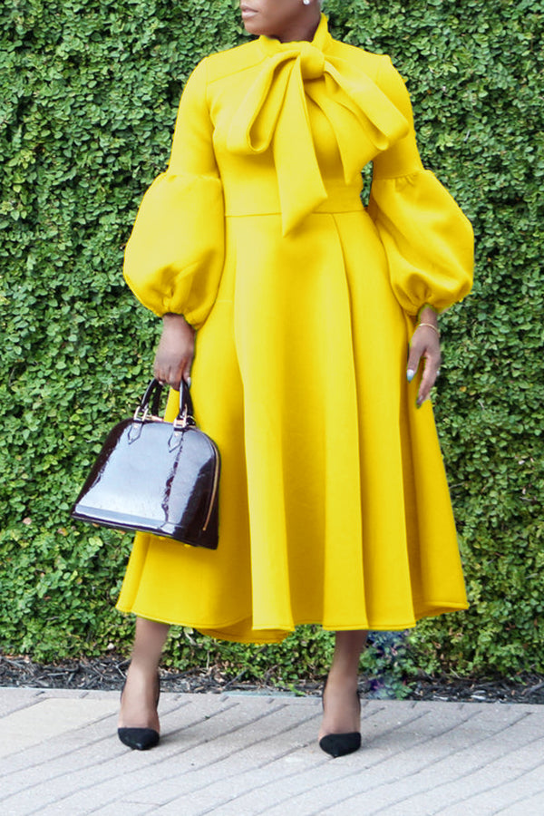 Elegant Bow Tie Lantern Sleeve Midi Dress