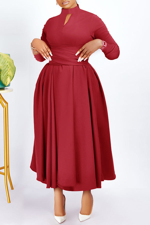 Elegant Mock Neck Belted Flare Dress