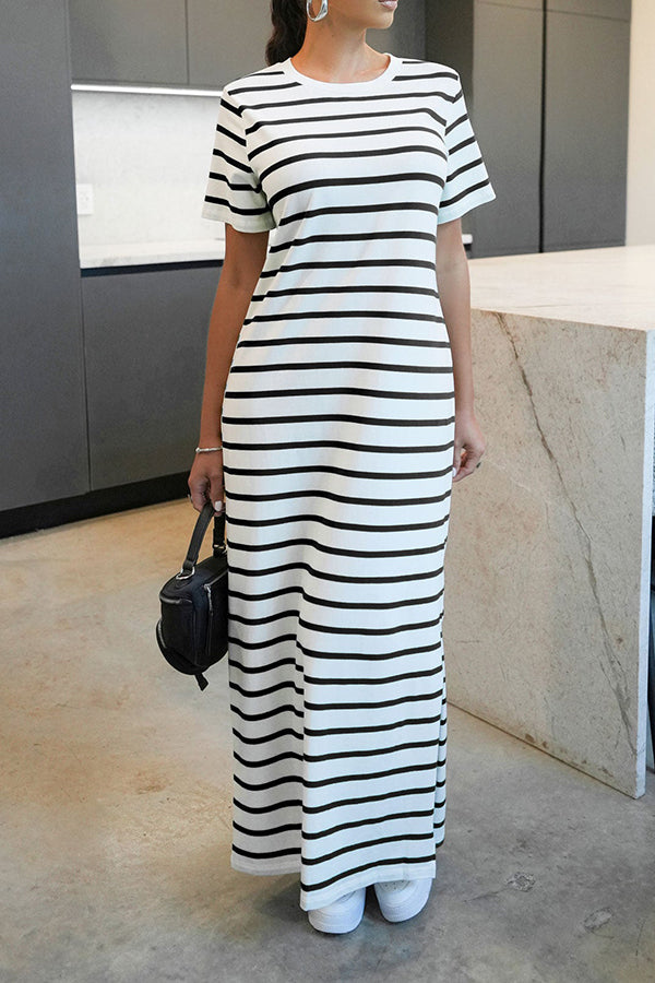 Casual Striped Bottom Hem Split Dress