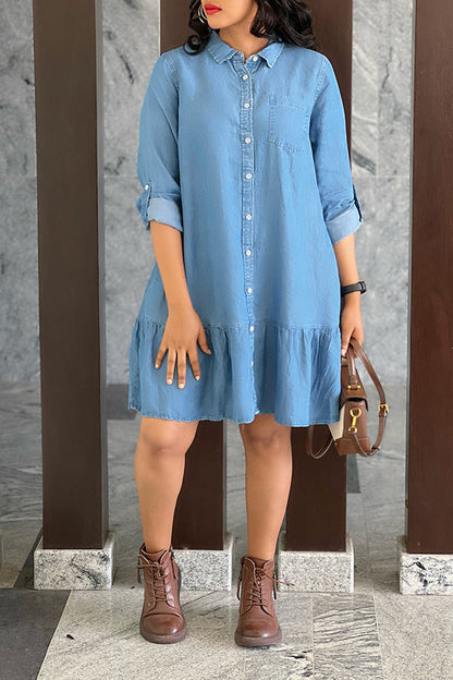 Casual Ruffle Hem Denim Shirt Dress