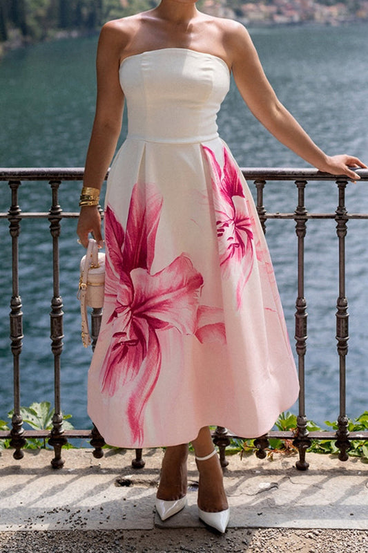 Elegant Tropical Print Tube A-line Dress