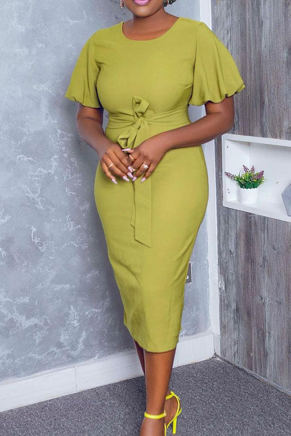 Puff Sleeve Tie Bodycon Midi Dress