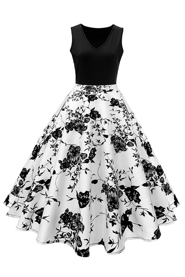 Elegant Contrast Floral Print Midi Dresses