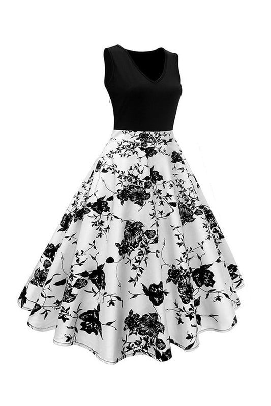 Elegant Contrast Floral Print Midi Dresses