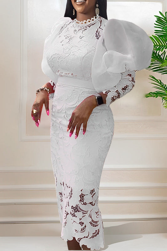 Elegant Lantern Sleeve Lace Midi Dress