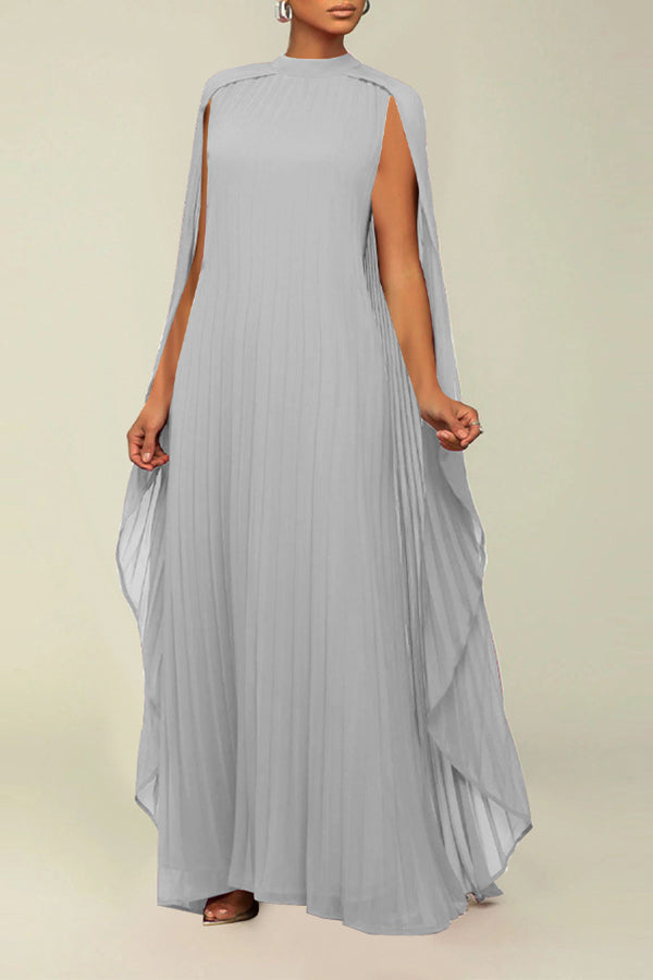 Elegant Round Neck Pleated Cape Dress