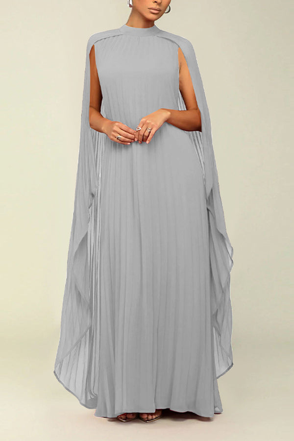 Elegant Round Neck Pleated Cape Dress