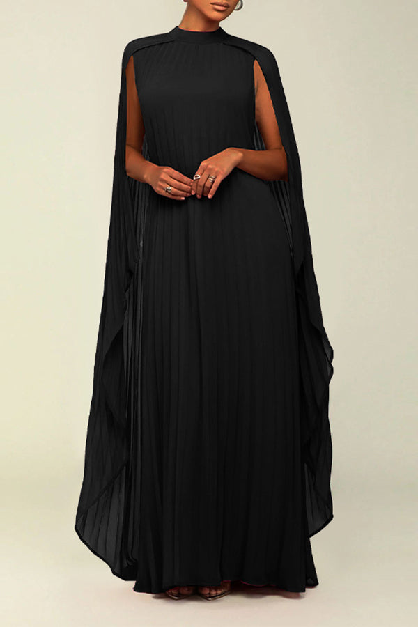 Elegant Round Neck Pleated Cape Dress