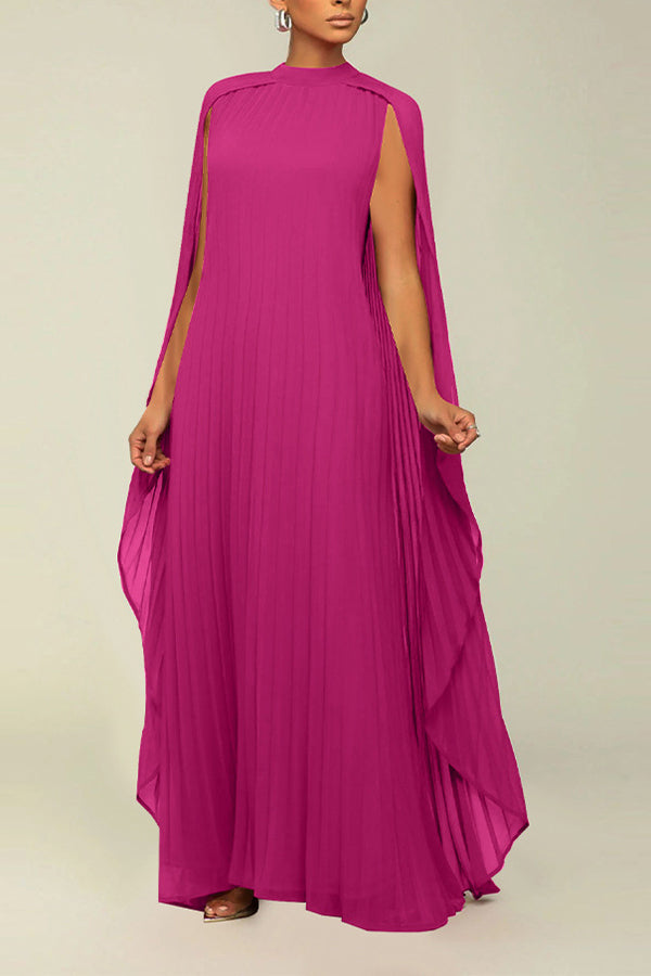 Elegant Round Neck Pleated Cape Dress