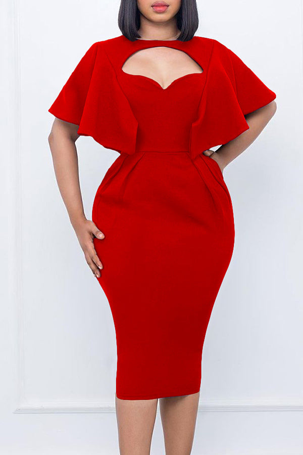 Elegant Solid Keyhole Neck Midi Dress