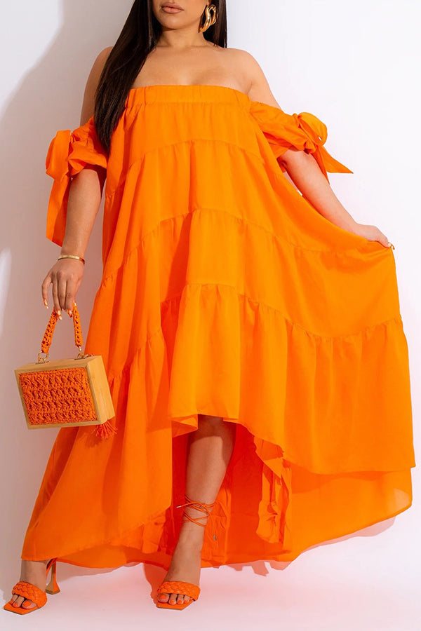 Stylish Off Shoulder Ruffle Hem Maxi Dress