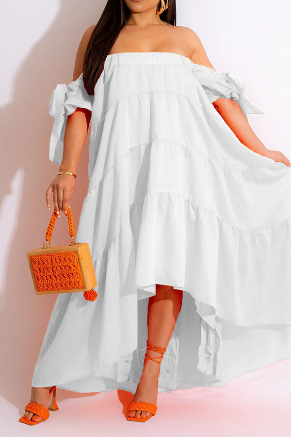 Stylish Off Shoulder Ruffle Hem Maxi Dress