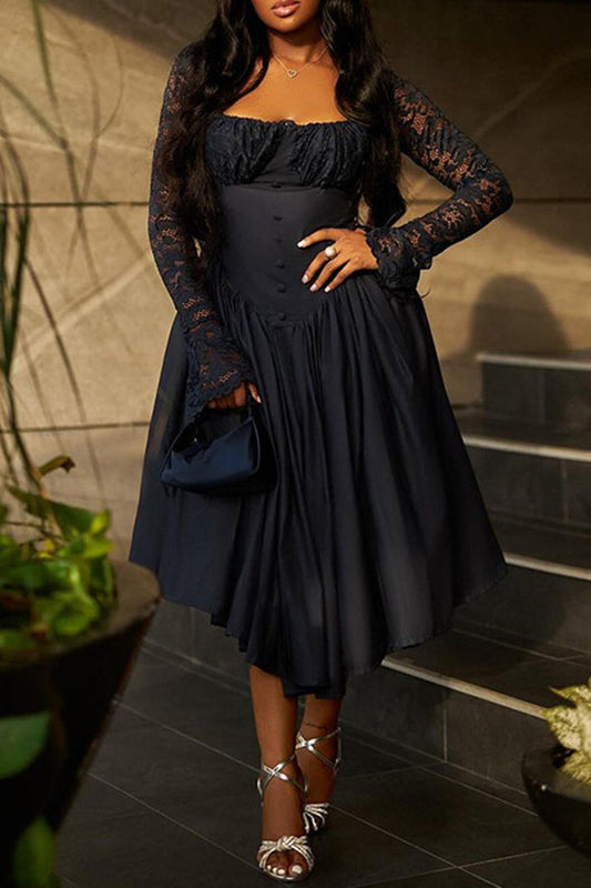 Elegant Lace Panel Sleeve Pleated Midi Dress