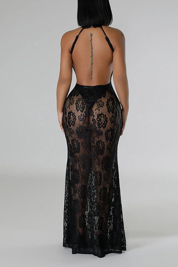 See-Through Lace Halterneck Dress