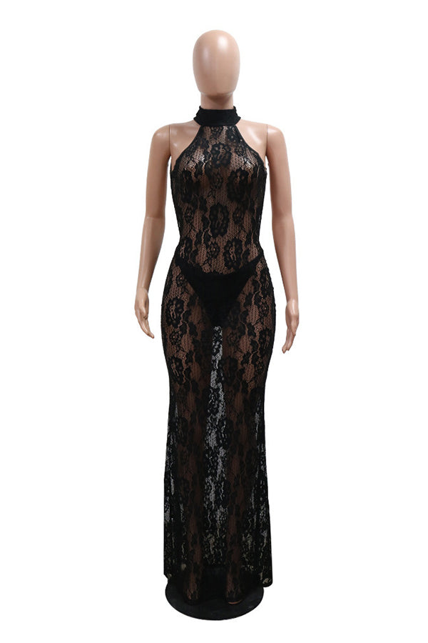 See-Through Lace Halterneck Dress