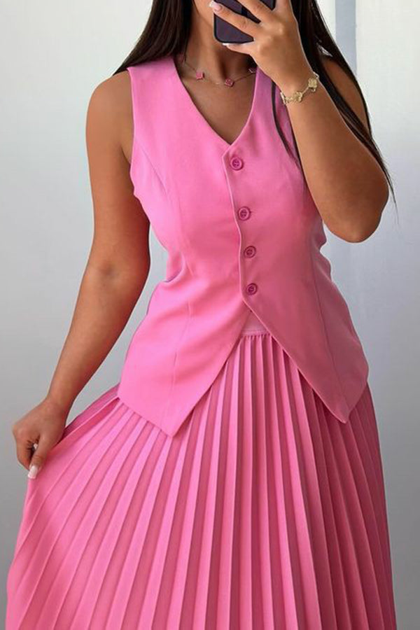 Elegant Solid Color Vest & Pleated Skirt Set