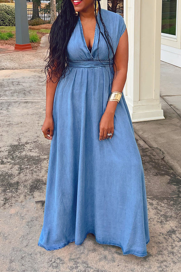 Vacation Denim Overlap Collar Maxi Dress