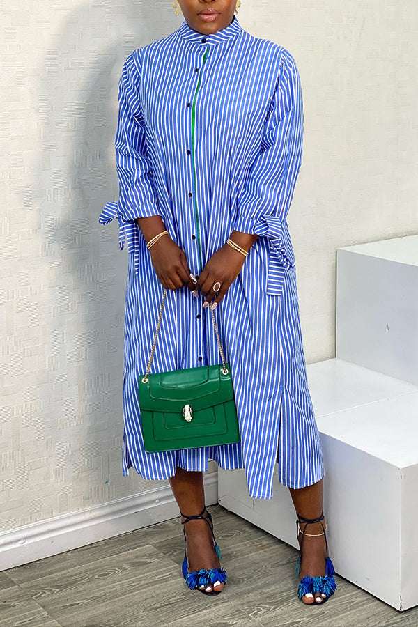 Stylish Striped Tie Cuff Button Up Midi Dress