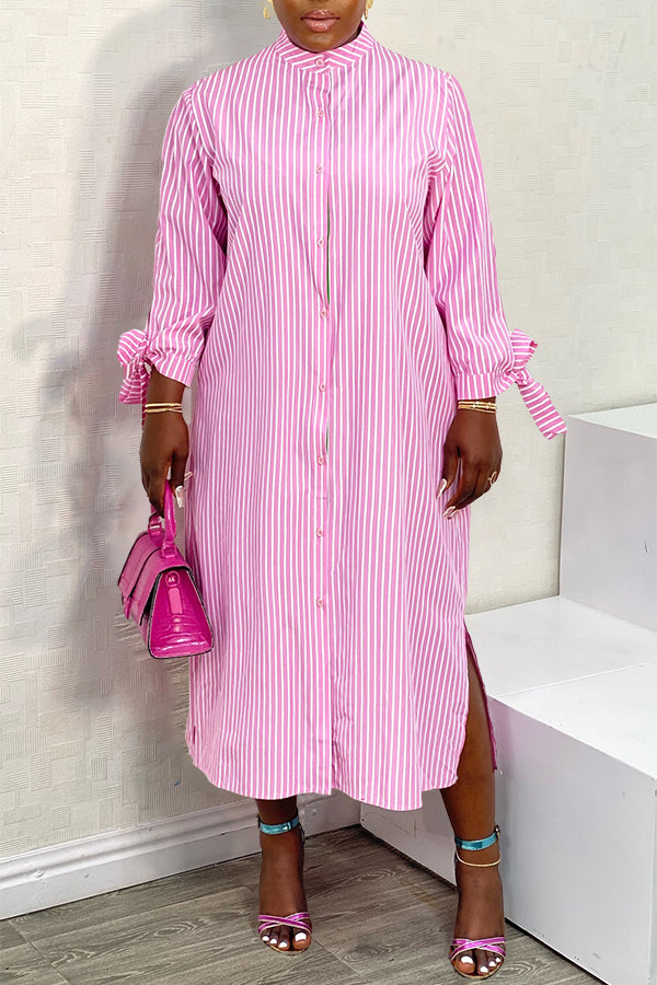 Stylish Striped Tie Cuff Button Up Midi Dress