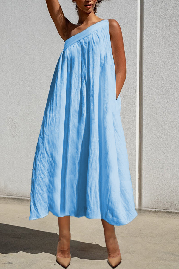 Summer Cozy One Shoulder Pleated Slant Pocket Midi Dress