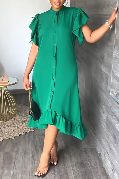 Ruffle Solid Color Casual Midi Dress