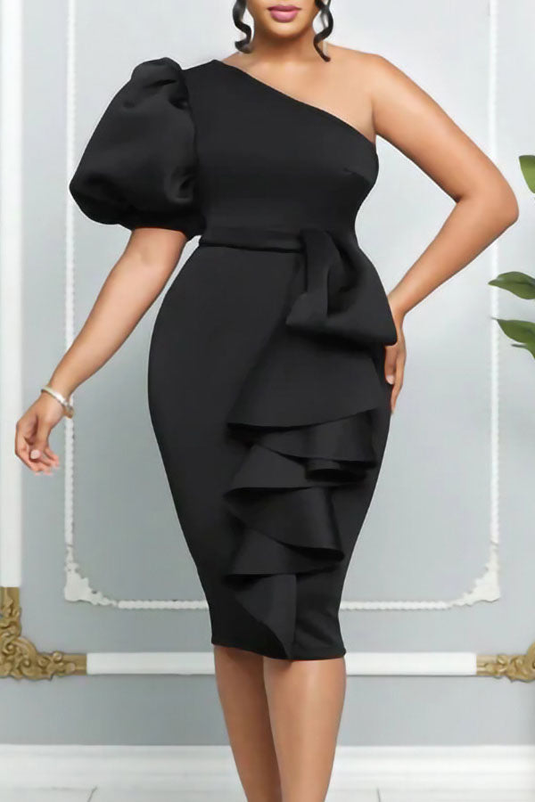 Bubble Sleeve Ruffle Side Bodycon Dress