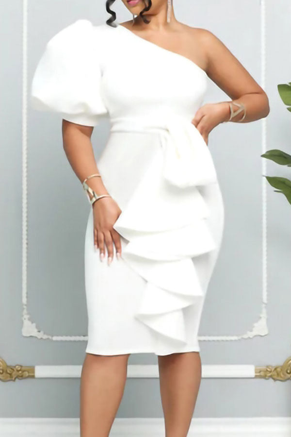 Bubble Sleeve Ruffle Side Bodycon Dress