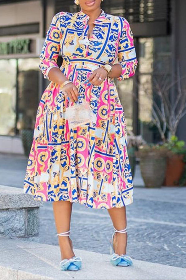 Retro Mandala Print 3/4 Sleeve Dress