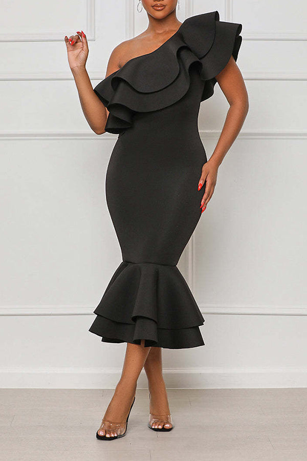 Layered Ruffle Fishtail Evening Dress