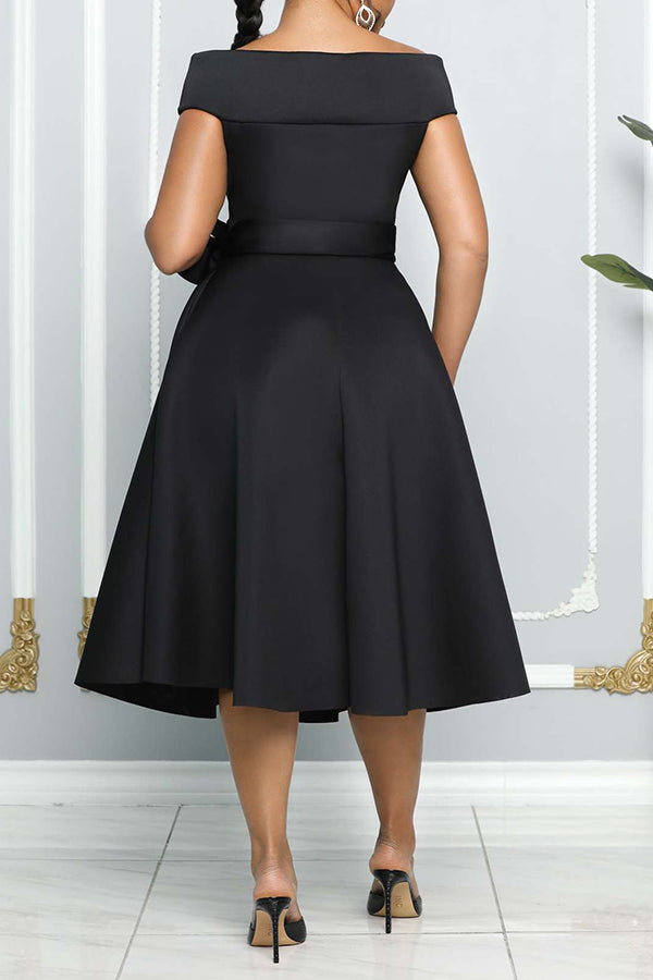 Off Shoulder Belted Swing Dress