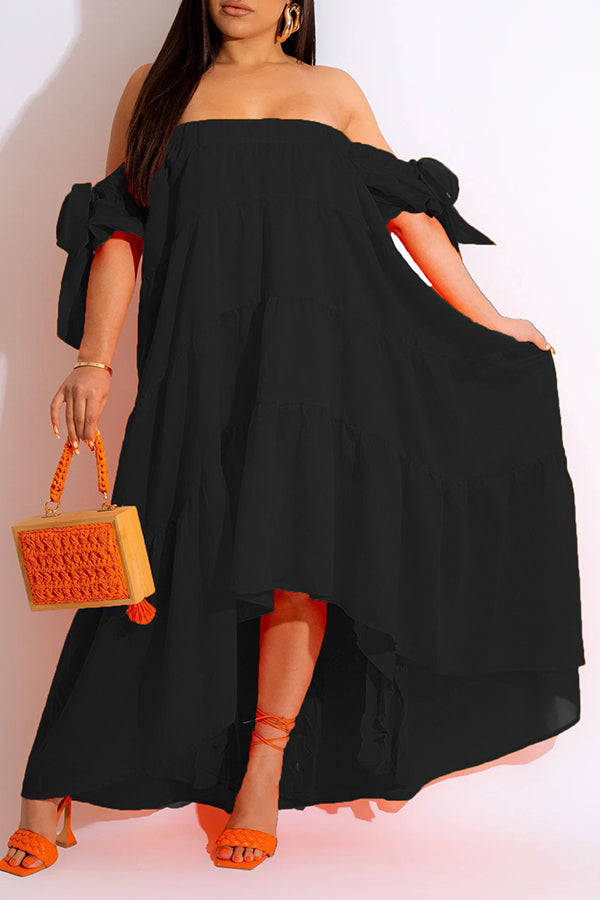 Off Shoulder Ruffled High Low Hem Maxi Dress