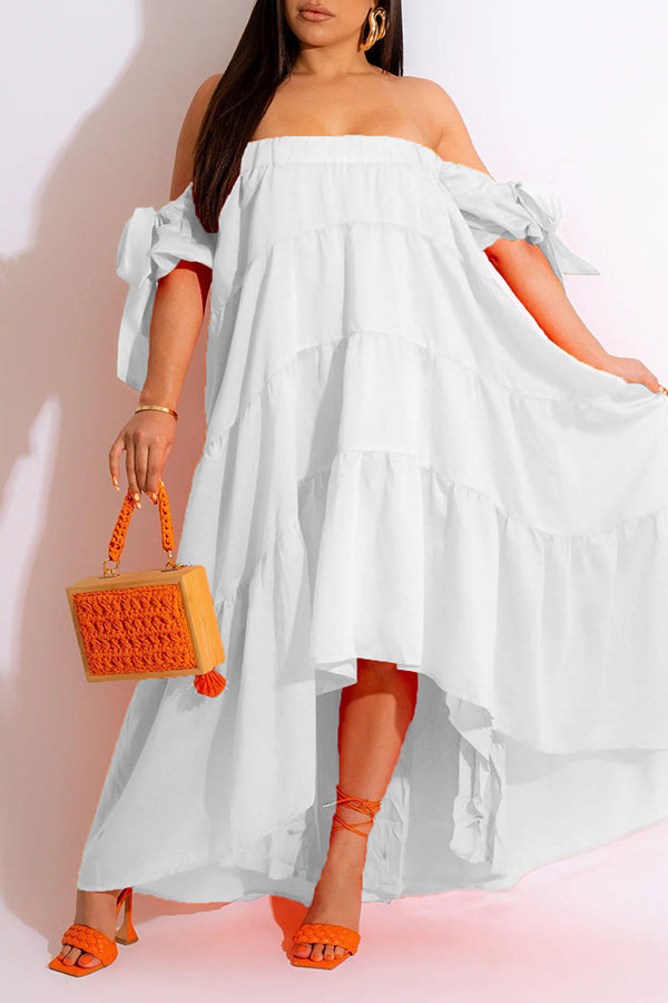 Off Shoulder Ruffled High Low Hem Maxi Dress