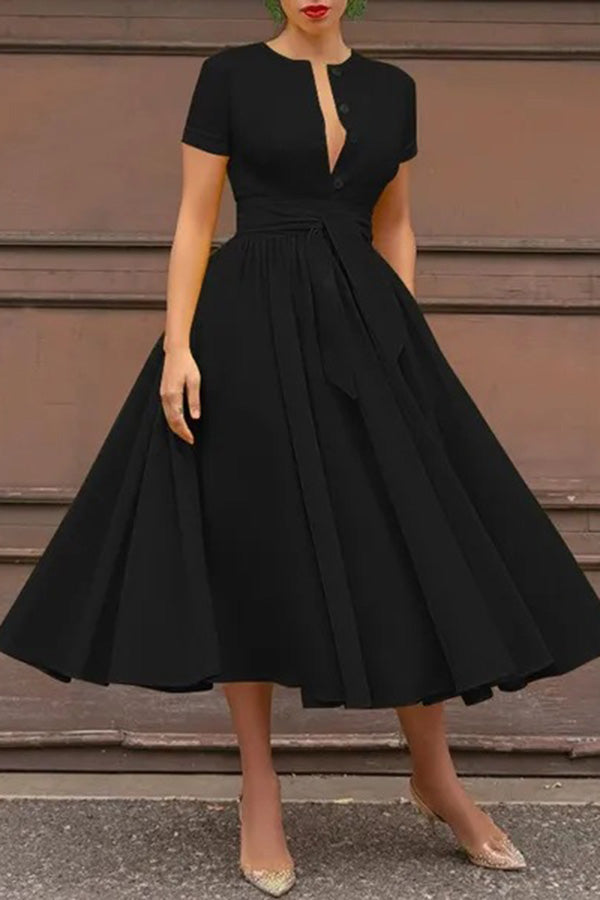 V-Neck Ruched Belted Midi Dress