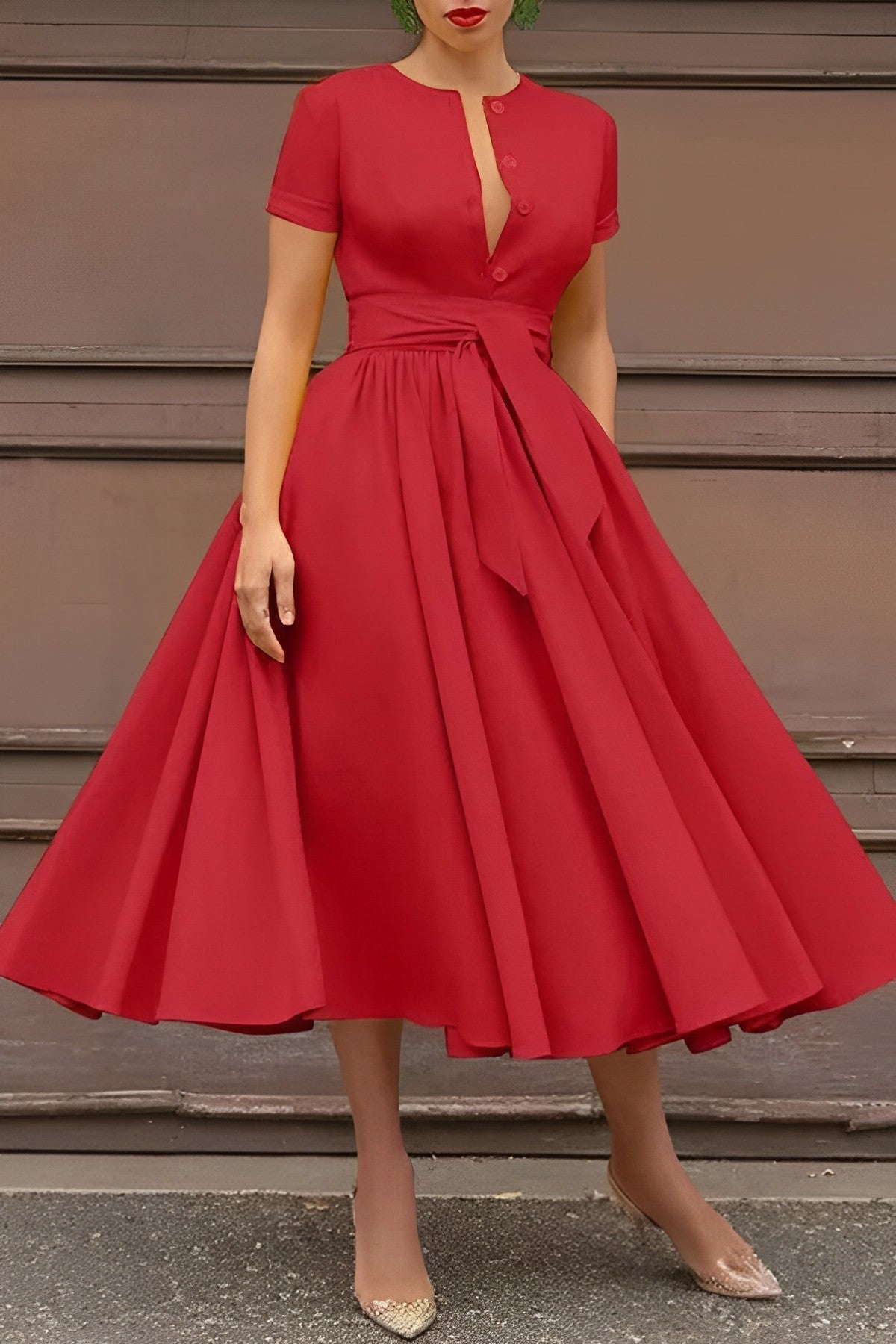 V-Neck Ruched Belted Midi Dress