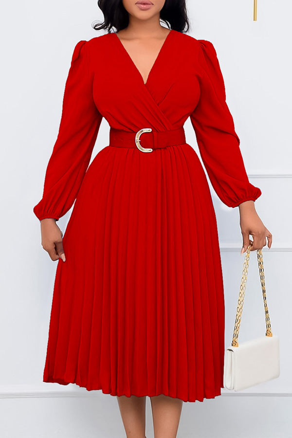 Chic Lantern Sleeve Pleated Wrap Dress